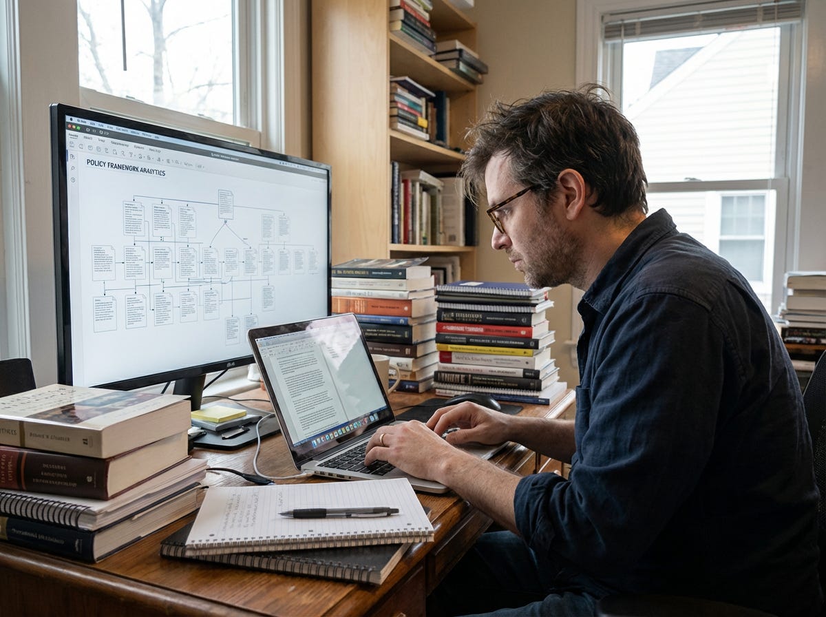 Writer reviewing AI policy documents for publishing submission — laptop and printed contracts on desk