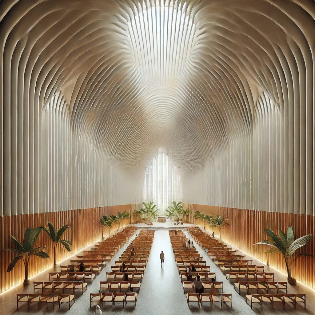 Reimagined modernized basilica church set in Jamaica, reflecting a serene tropical ambiance with a Caribbean influence.