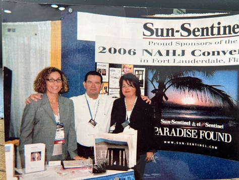 Mc Nelly Torres as the recipient of the 2022 Gwen Ifill Award (top left), recording an audio piece in Spanish in her closet, on assignment in Puerto Rico after Hurricane Maria with photographer Angel Valentin, as Sun-Sentinel staff at the NAHJ convention in 2006 and last picture in Humacao after Hurricane Maria. 