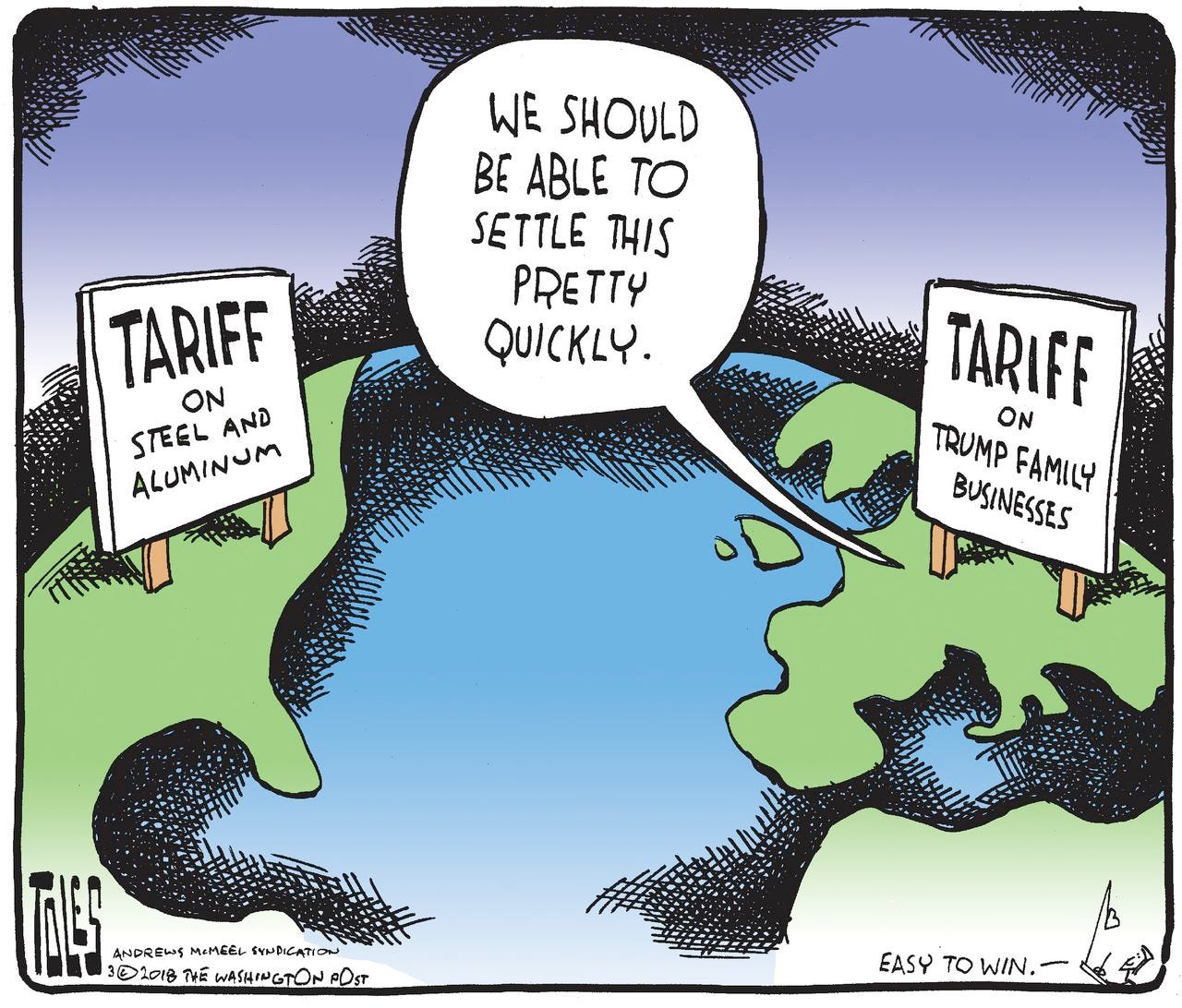Political cartoon U.S. Trump trade war tariffs steel industry Europe family business
