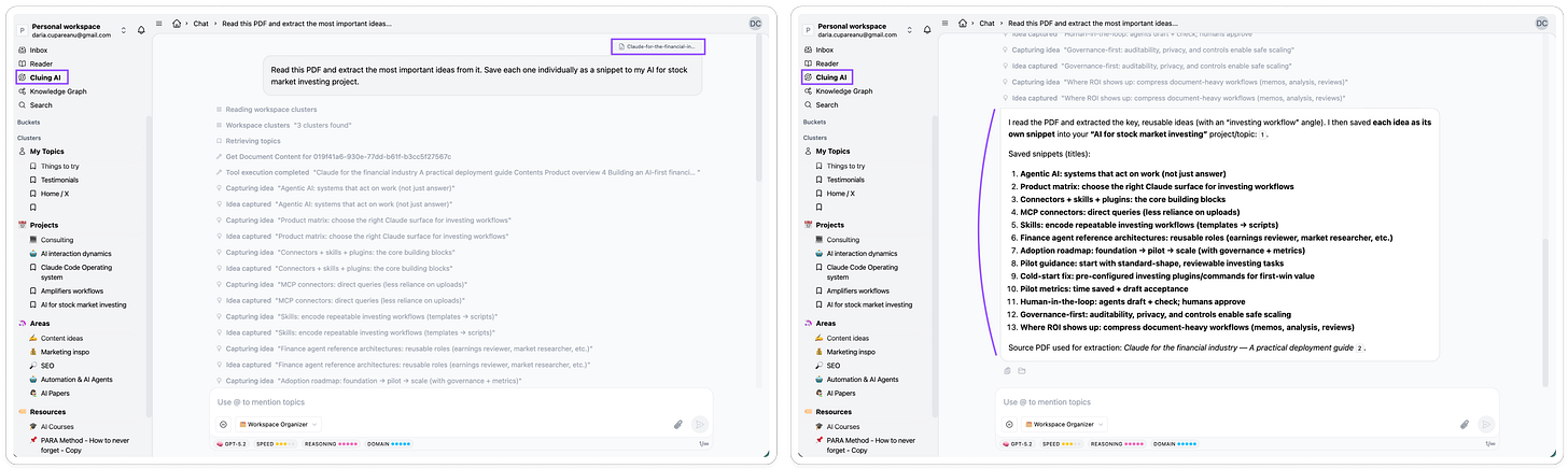 Cluing AI chat extracting 13 key ideas from Anthropic's Claude for financial industry PDF and saving each one as an individual snippet to the AI for stock market investing project.