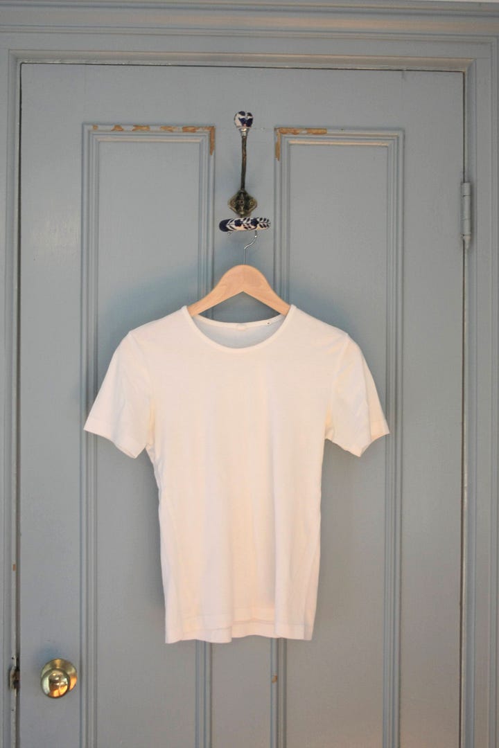 Five shirts, from left to right a white shirt, green turtleneck, oatmeal turtleneck, white t-shirt, and brown turtleneck