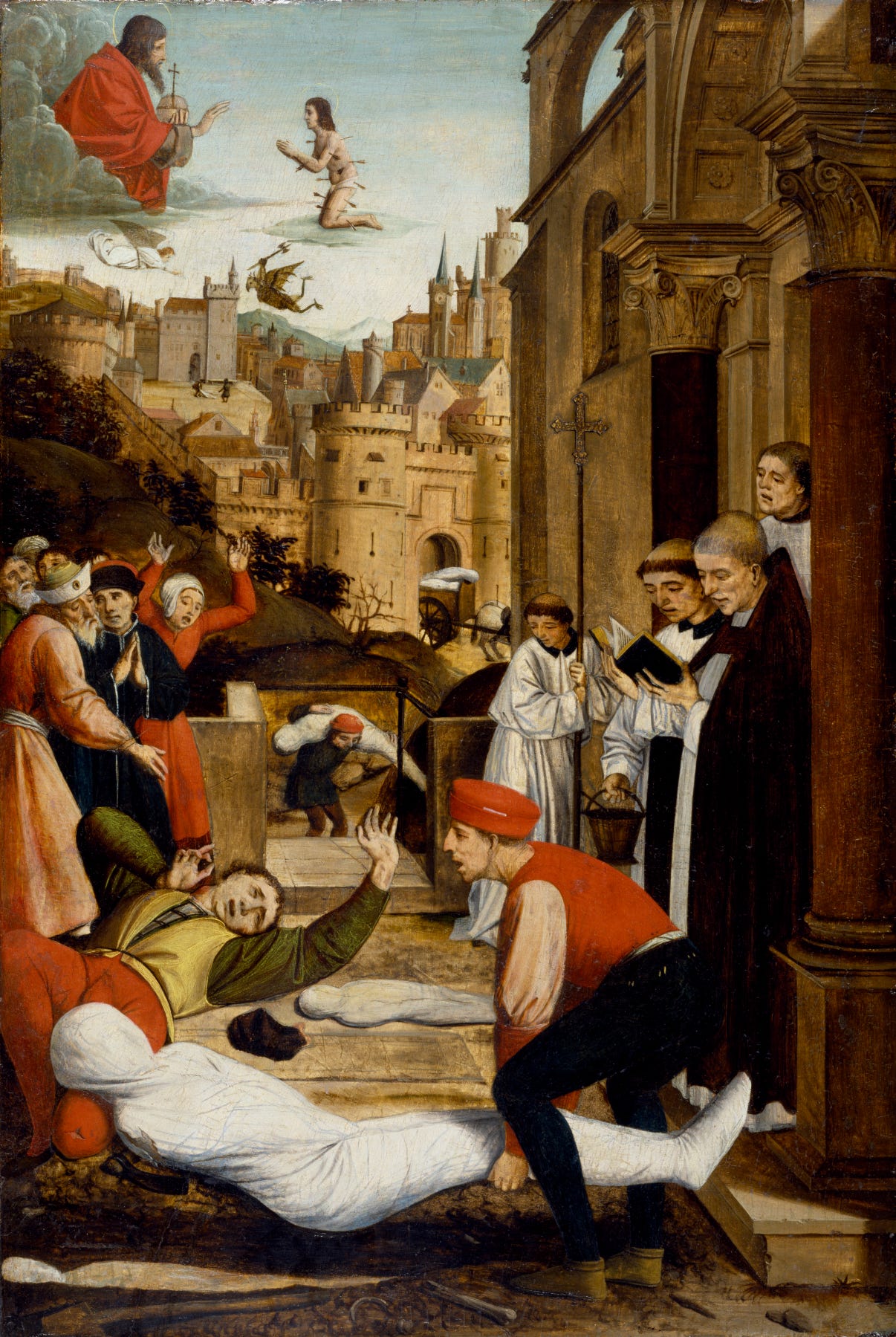 Gravediggers burying the dead as Saint Sebastian pleads Gravediggers burying the dead as Saint Sebastian pleads