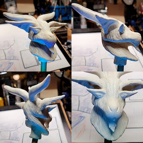 A photo set of WIP for a modeling bust of a fantasy fay, goat soldier character I have to draw a lot. Made to make doing that much easier and quicker.