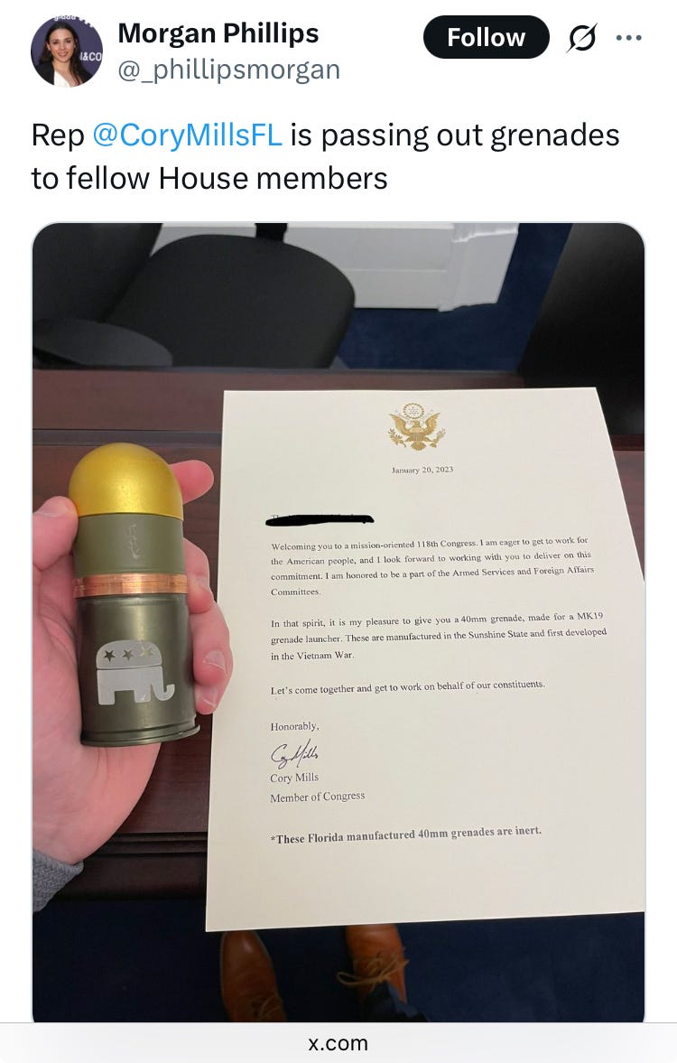 Morgan Phillips: Rep Cory Mills FL is passing out hand grenades to fellow house members