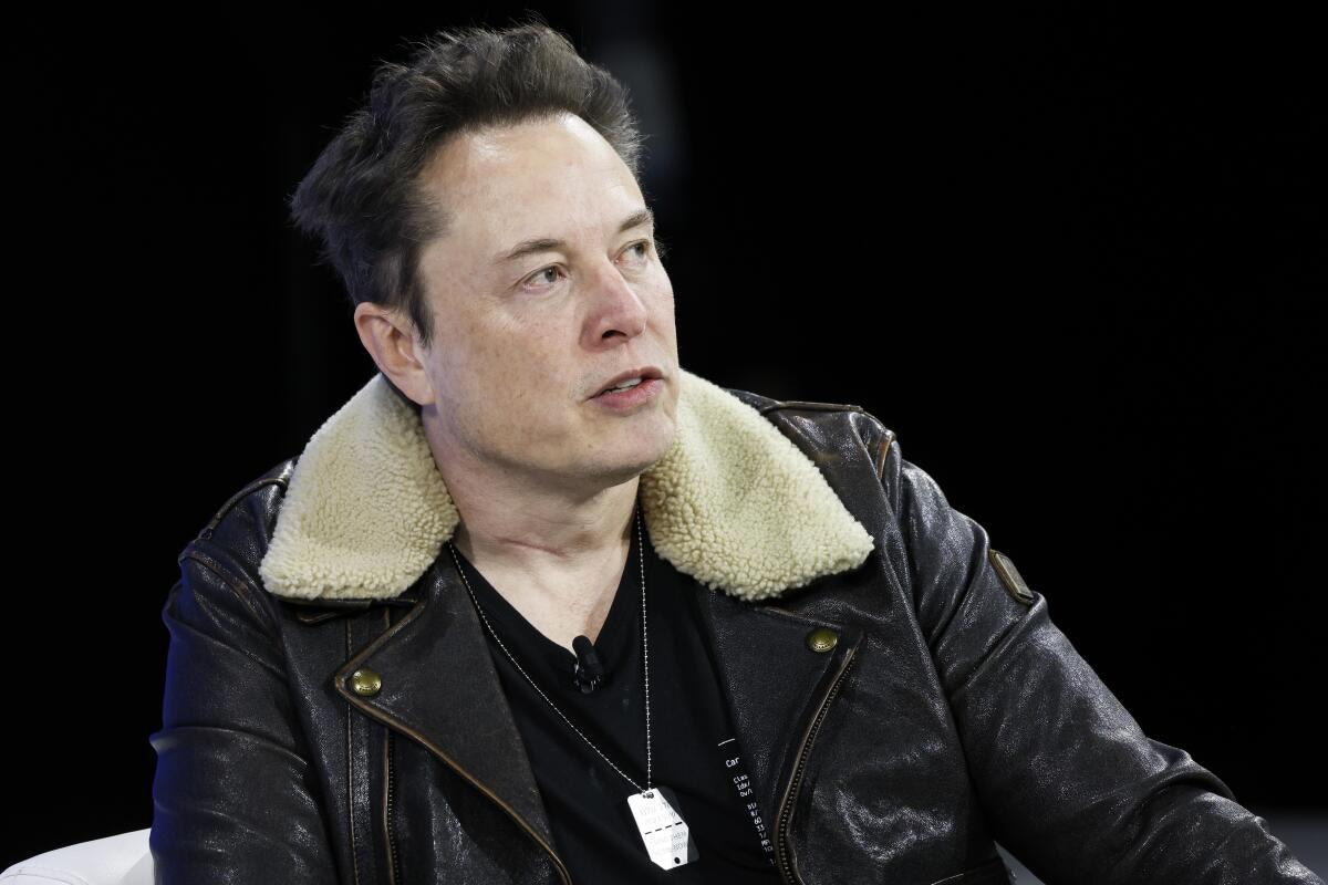 Elon Musk speaks with his face turned to the side. Elon Musk speaks with his face turned to the side.