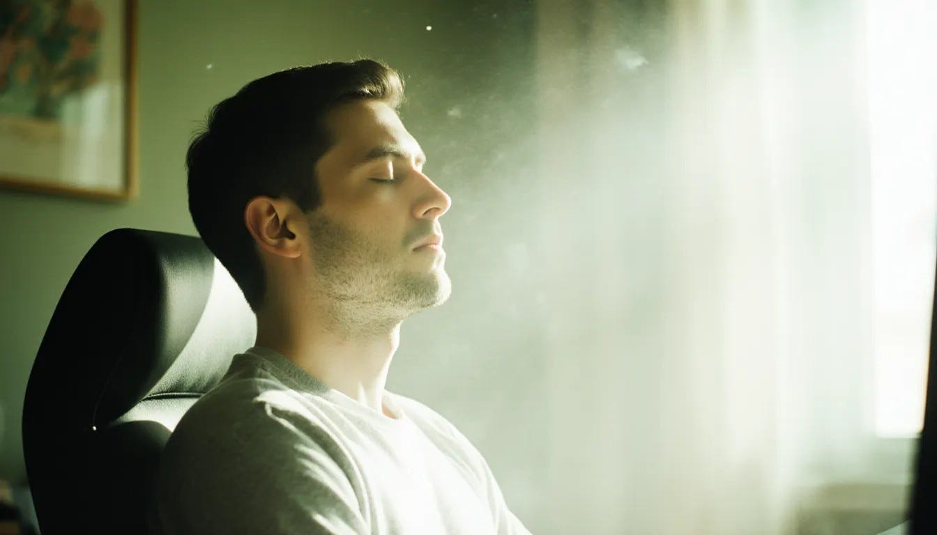 A man is sitting in a chair with his eyes closed and his mind at peace.