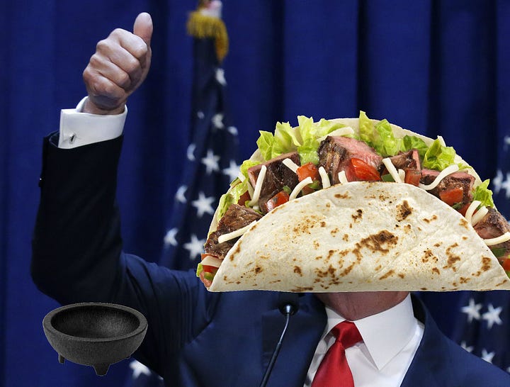 Left: Donald Trump with a steak taco for a head. Je wears a white shirt, red tie, and blue suitcoat. He gtives a thumb up. Right: Woody Guthrie in a black-and white photo. His black guitar features a sticker that reads "THIS MACHINE KILLS FASCISTS." He wears a dark hat and a striped shirt..