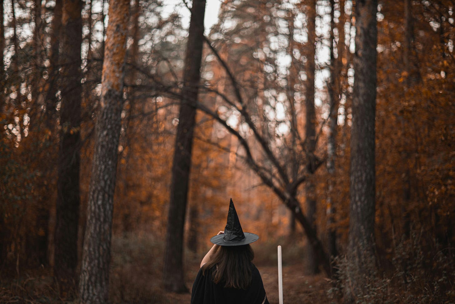 Woman wearing a witch hat walking through the woods