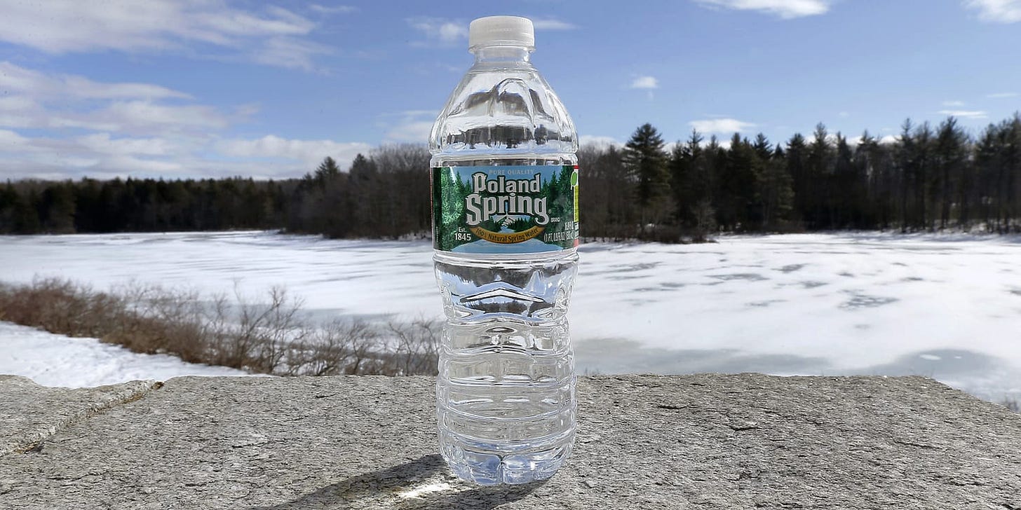 Plastic bottle of Poland Spring water on stone ledge, with frozen lake and pine trees in the background under a blue sky.