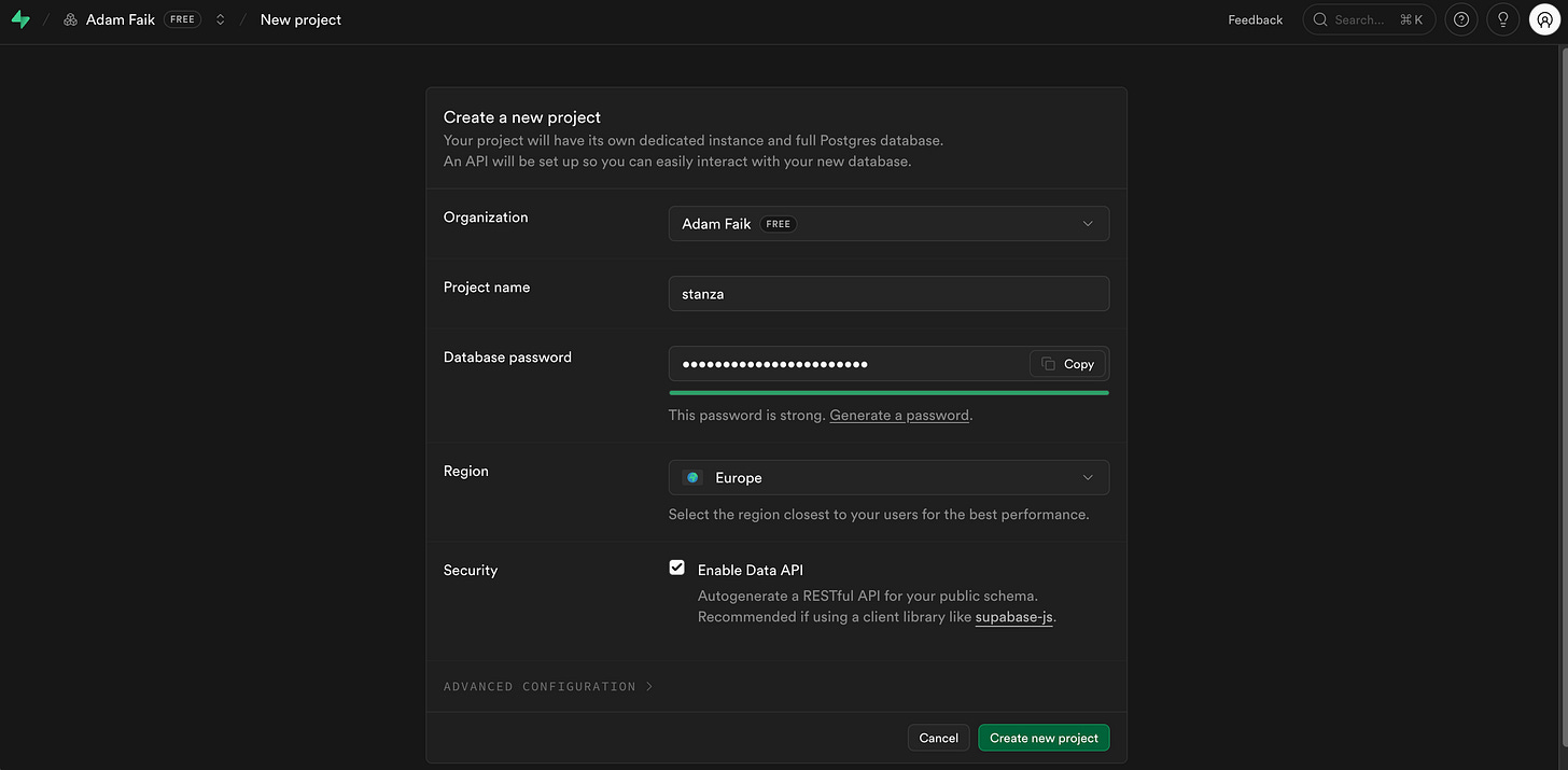 The Supabase setup screen displays text input fields for creating a project named stanza with a generated password. The Supabase setup screen displays text input fields for creating a project named stanza with a generated password.