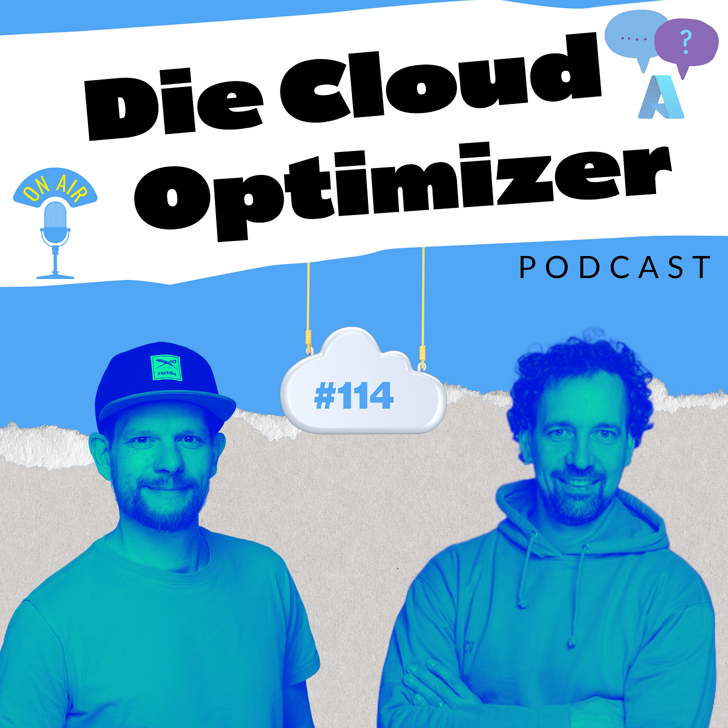 Zwei Männer vor einer blauen, grafisch gestalteten Kulisse mit dem Schriftzug „Die Cloud Optimizer Podcast“. Links steht Matthias mit Cap, rechts Christian mit Hoodie. In der Mitte hängt eine Wolke mit der Episodennummer „#114“. Zwei Männer vor einer blauen, grafisch gestalteten Kulisse mit dem Schriftzug „Die Cloud Optimizer Podcast“. Links steht Matthias mit Cap, rechts Christian mit Hoodie. In der Mitte hängt eine Wolke mit der Episodennummer „#114“.