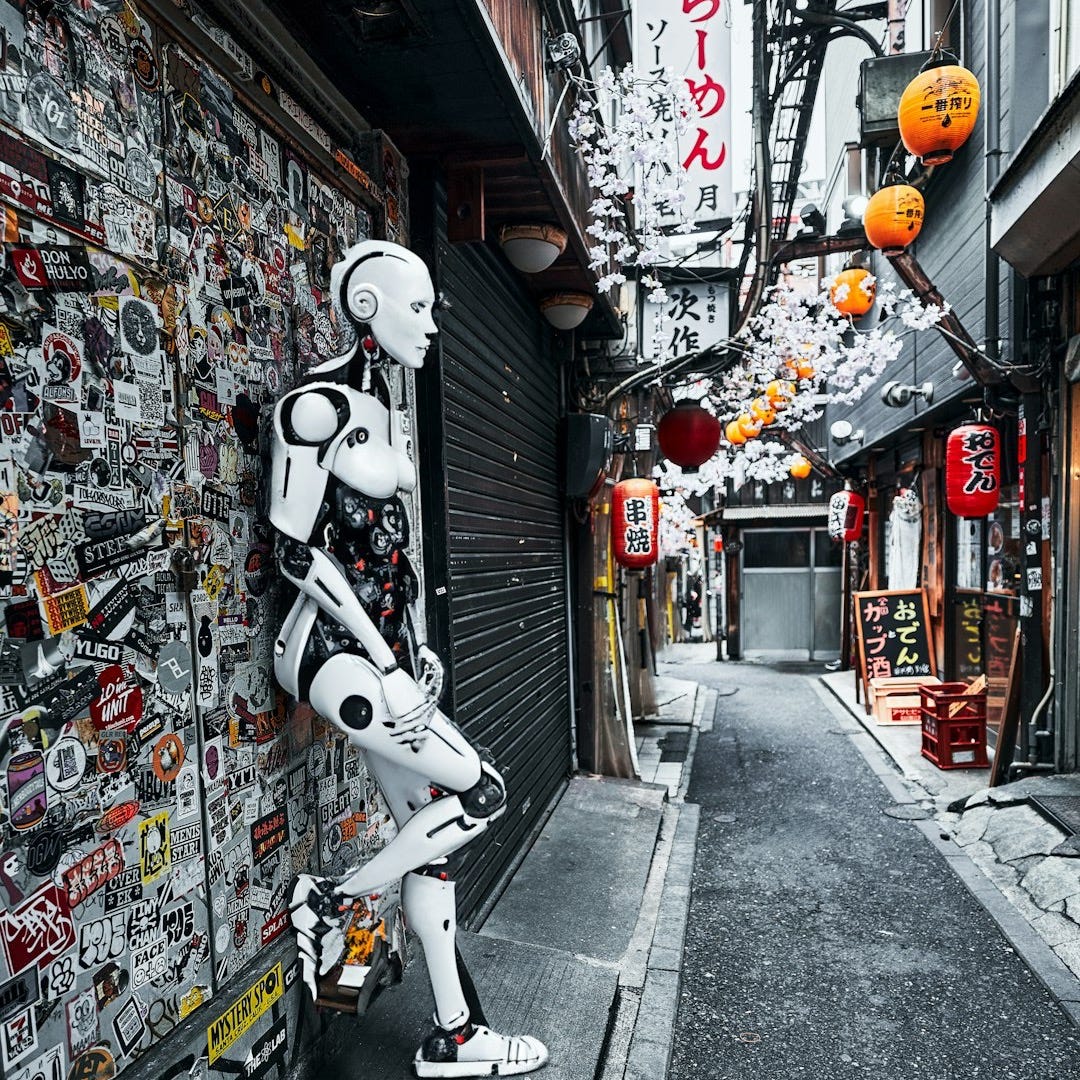 a robot standing next to a wall covered in stickers