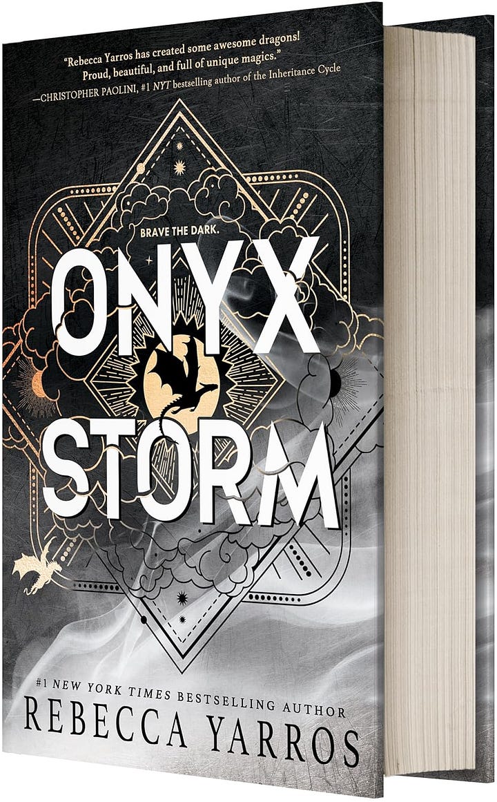 Left: a photo of a bowl of soup with chicken and squash and kale. Right: The cover for the book Onyx Storm.