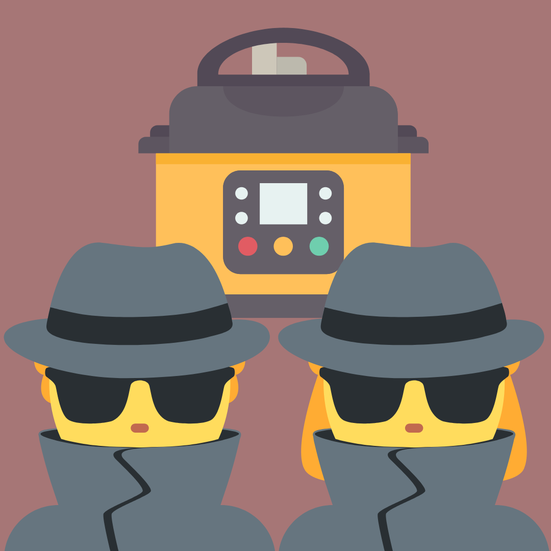 Graphi image of two spies, wearing sunglasses and hats, with a graphic image of an Instant Pot in the background