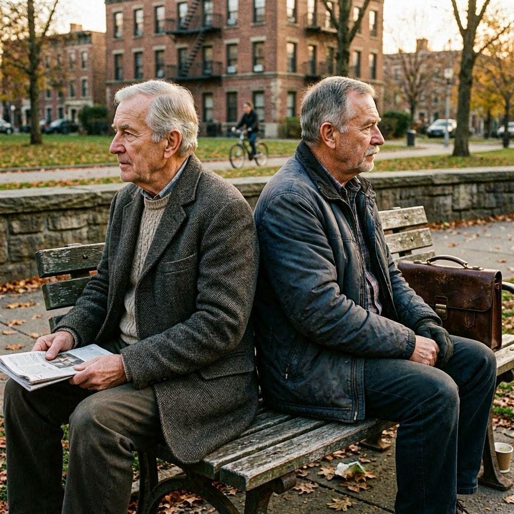 An image of two older men, turning away from one another in estrangement. An image of two older men, turning away from one another in estrangement.
