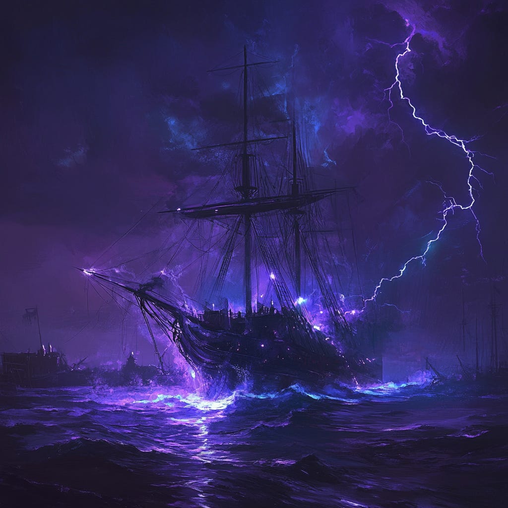 Stylized modern artistic interpretation of St. Elmo's Fire illuminating a sailing vessel in a storm