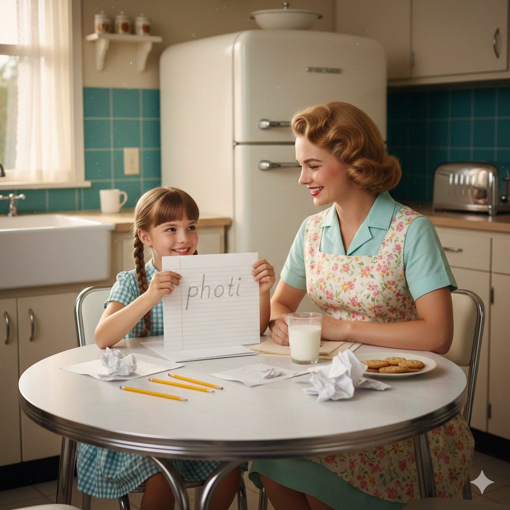 A mother and daughter playing a game at a kitchen table in the 1950s 