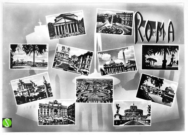 1940s black and white tourist postcard of Rome