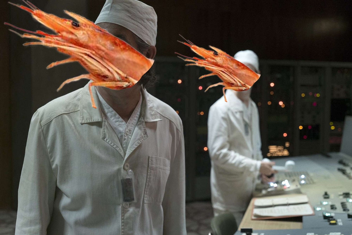A scene from HBO's Chernobyl with the 2 actors faces poorly replaced by shrimp heads
