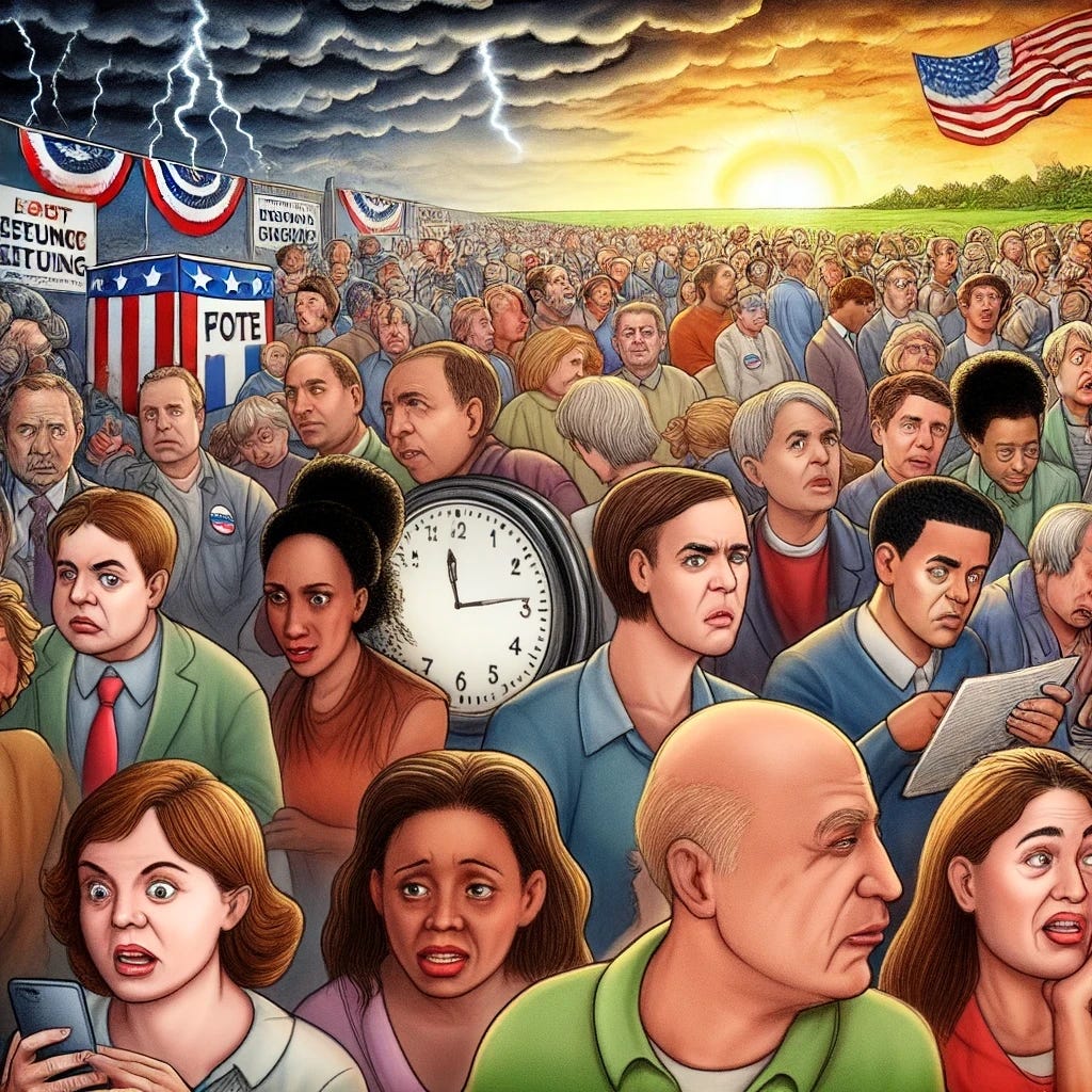 A political cartoon capturing the mixed emotions of anxiety, hope, fear, and optimism on election night, close to 7 pm. The scene shows a diverse crowd of people with a variety of racial backgrounds gathered at a polling place, with expressive faces ranging from worried and tense to hopeful and determined. Some people are glued to their phones checking updates, while others are in conversation or deep in thought. A large clock is prominently displayed, showing the time close to 7 pm. The background shows a sky with half dark storm clouds and half bright sunlight, symbolizing the uncertainty and hope of the moment. Campaign posters and signs are scattered around, emphasizing the importance of the night. A political cartoon capturing the mixed emotions of anxiety, hope, fear, and optimism on election night, close to 7 pm. The scene shows a diverse crowd of people with a variety of racial backgrounds gathered at a polling place, with expressive faces ranging from worried and tense to hopeful and determined. Some people are glued to their phones checking updates, while others are in conversation or deep in thought. A large clock is prominently displayed, showing the time close to 7 pm. The background shows a sky with half dark storm clouds and half bright sunlight, symbolizing the uncertainty and hope of the moment. Campaign posters and signs are scattered around, emphasizing the importance of the night.