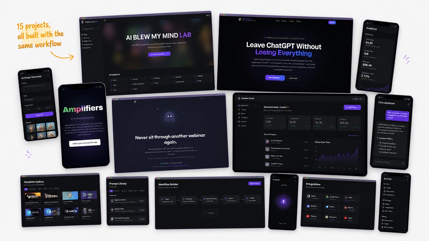 Ecosystem of 15 web and mobile apps built with Claude Code, showing browser windows and phone mockups of real project interfaces at playful angles on a light background.