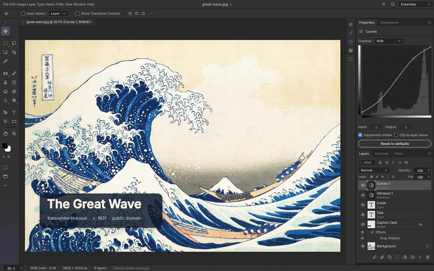 PhotoCraft editing The Great Wave off Kanagawa with a Curves adjustment and type layers in the Layers panel PhotoCraft editing The Great Wave off Kanagawa with a Curves adjustment and type layers in the Layers panel