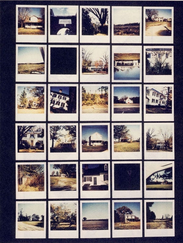 Grid of Polaroid photos showing various houses across different landscapes, with a vintage feel and muted colors, set on a black background.