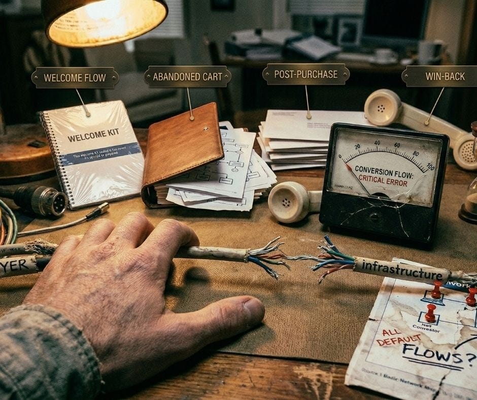 A hand in the foreground clutches a thick, frayed wire bundle labeled 'MEDIA BUYER' and a separate 'infrastructure' cable end.