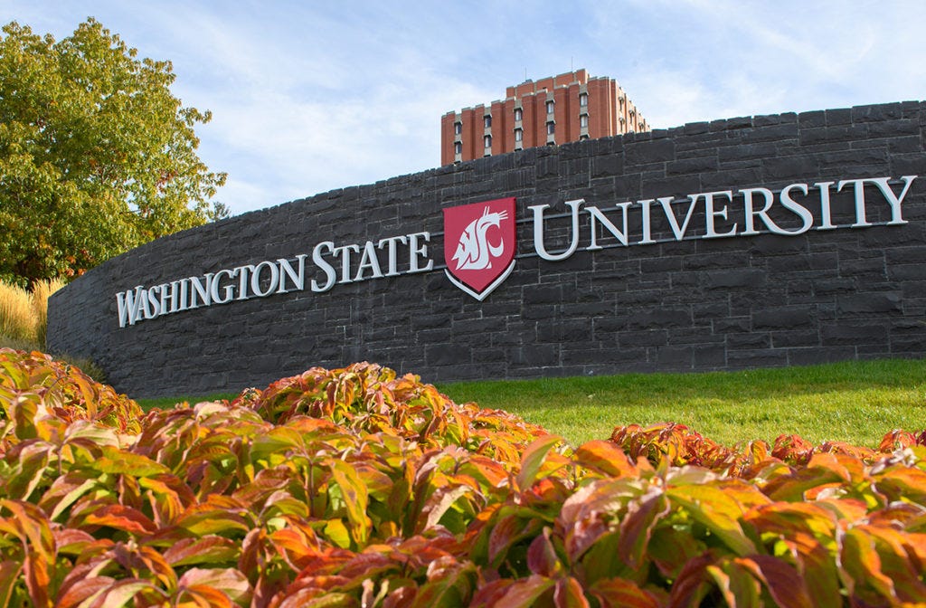 'Washington State University' sign at entrance to the Pullman campus.