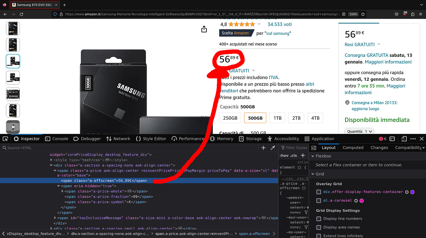 The product price in the developer console and on the web page
