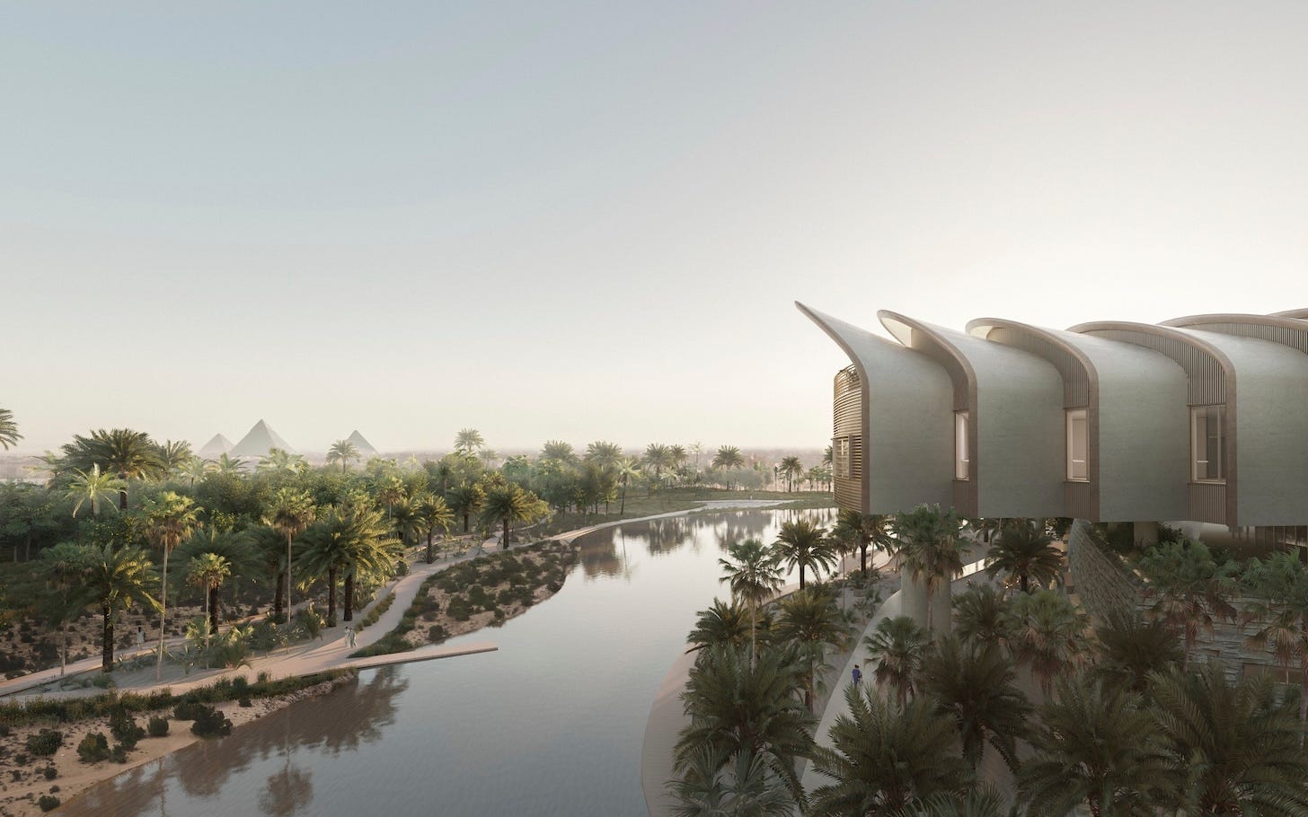 Foster and Partners image of a new hospital in Cairo with pyramids in the distance and verdant planting in the foreground.