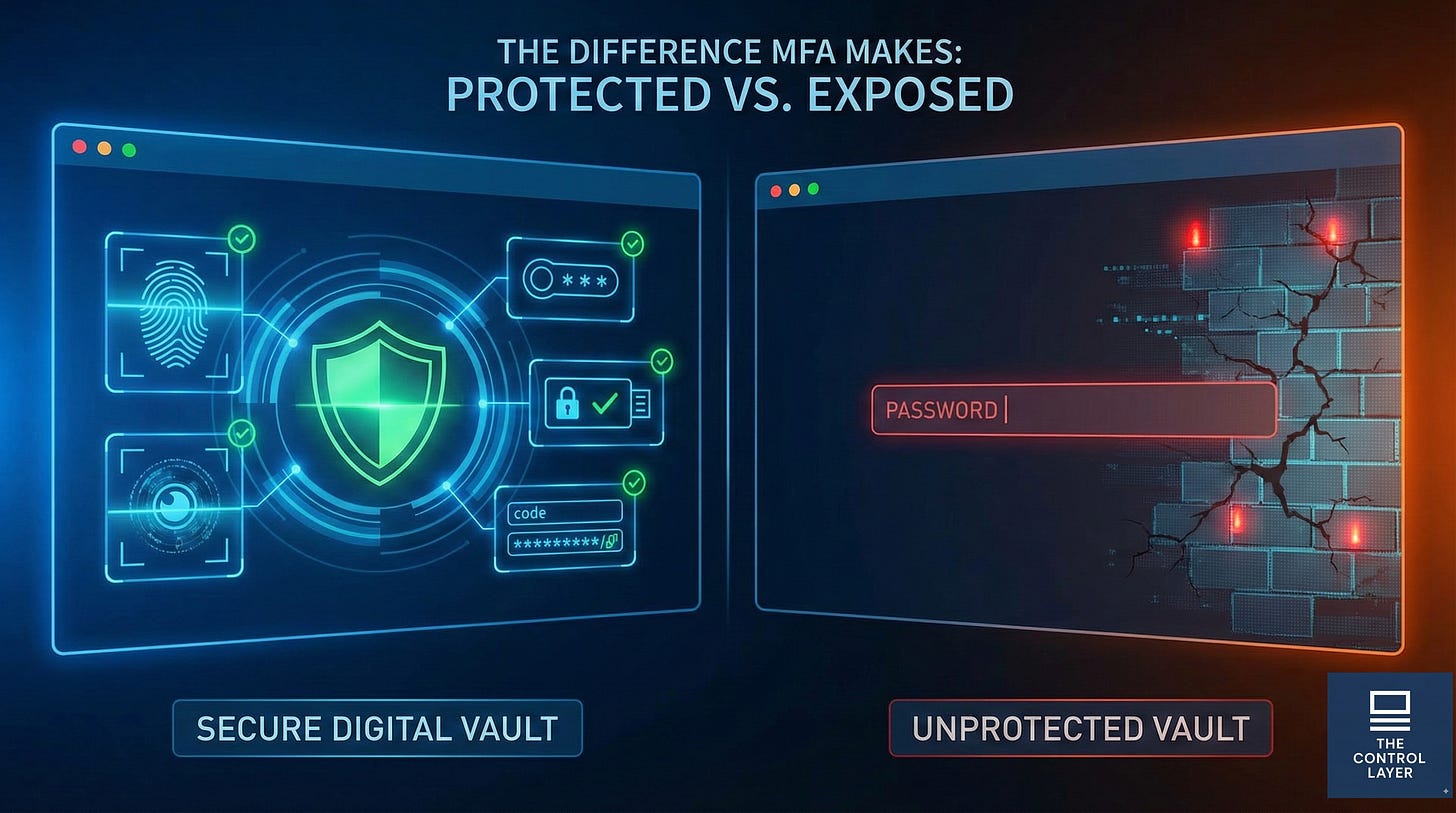 Split comparison showing multi-layered authentication protection versus single-factor vulnerability. Split comparison showing multi-layered authentication protection versus single-factor vulnerability.