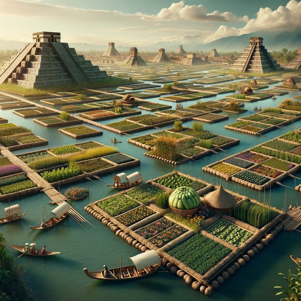 Highly realistic depiction of an Aztec floating garden. The image shows an intricate system of chinampas, which are man-made islands constructed for agricultural purposes. These floating gardens are surrounded by canals and lush with various crops like maize, beans, squash, and flowers. The background features the Aztec city with its impressive architecture, including pyramids and temples. Traditional Aztec boats, canoes, are seen navigating the waterways between the gardens, with the backdrop of a clear sky and the bustling city life of Tenochtitlan. 