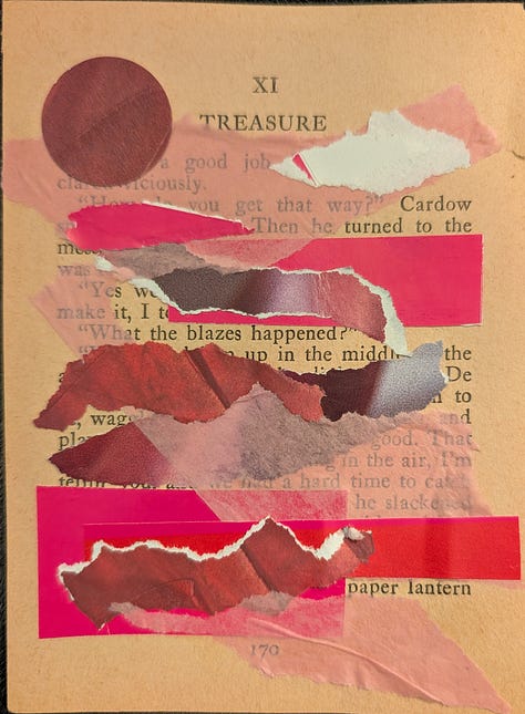 Three collages - first one is a found Renoir sketch of a kneeling woman on a peach background with white, gray, and pearly orange circles surrounding her; the secone is a yellowed book page with multiple pink and red and white papers creating a landscape with clouds, and the third isa blue underwater background photo and a diagram of human teeth with three black and white fish swimming out of the mouth.
