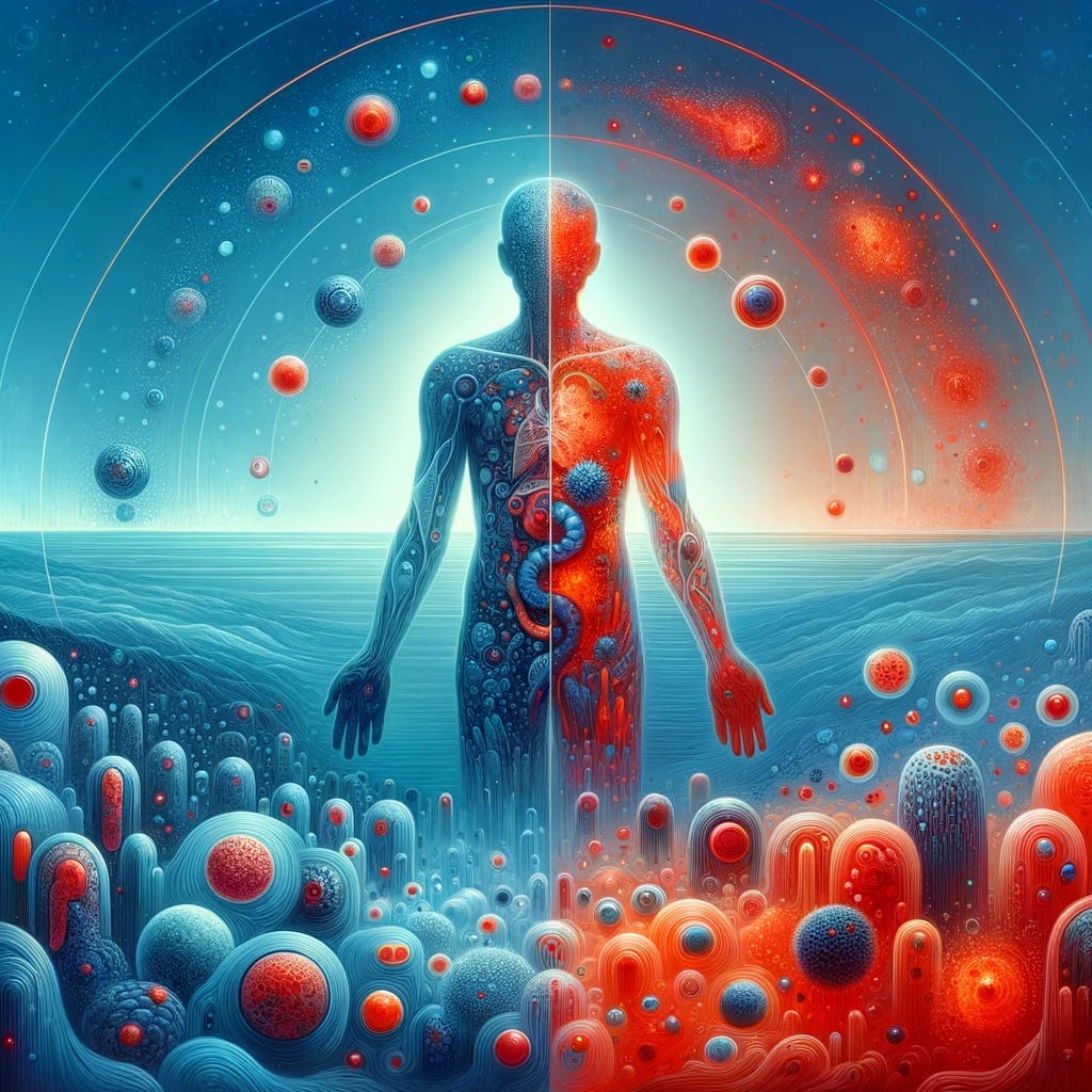 A conceptual illustration depicting chronic inflammation within the human body. The artwork showcases a serene blue background gradually transitioning to a fiery red, symbolizing the shift from a state of health to one of inflammation. Abstract shapes and forms represent different cells and elements within the body, with some areas appearing calm and orderly, while others are chaotic and disrupted, indicating the presence and impact of inflammation. This image aims to convey the concept of chronic inflammation's effects without depicting specific organs or diseases, focusing on the overall impact on the body's environment. The style is semi-abstract, balancing between scientific illustration and artistic interpretation to make the concept accessible to a general audience.
