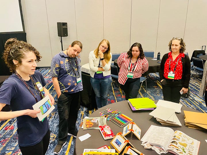 Photo 1: conference attendees gather around a table and interact with and take photos of materials including an iPad, cardboard tubes, LED lights, and physical materials. Photo 2: conference attendees gather around a table full of paper and craft materials and watch as a facilitator demonstrates placing a paper window cut-out on top of a phone screen.