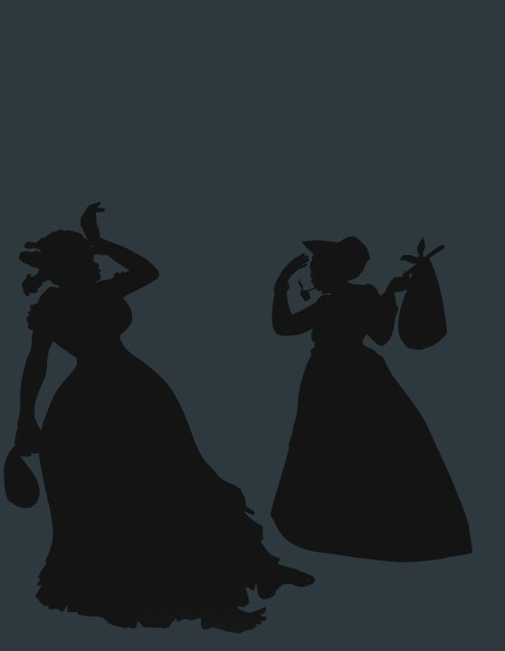 Kara Walker silhouette of two women in 19th-century dresses gesturing dramatically while holding fans and bags. Kara Walker silhouette of two women in 19th-century dresses gesturing dramatically while holding fans and bags.