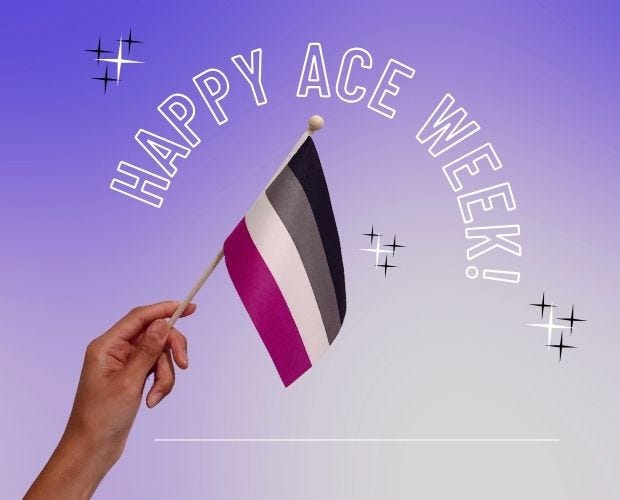 A hand holding a small asexual pride flag with the text Happy Ace Week around it and black and white stars with a gradient purple background