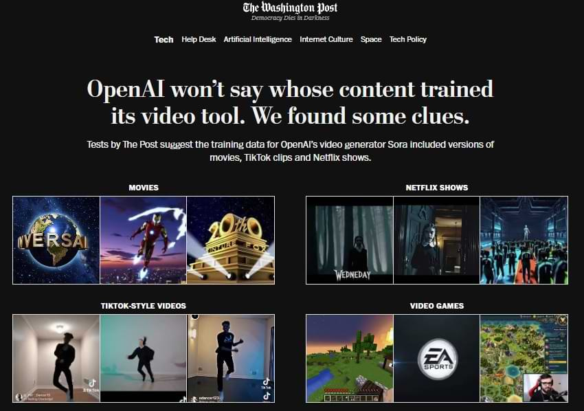 Headline from The Washington Post reading “OpenAI won’t say whose content trained its video tool. We found some clues,” with image tiles showing examples of suspected training data for OpenAI’s Sora video generator, including Netflix shows like Wednesday, TikTok-style dance clips, popular video games, and major Hollywood studio logos. The report suggests Sora was likely trained on copyrighted content despite OpenAI's lack of disclosure.