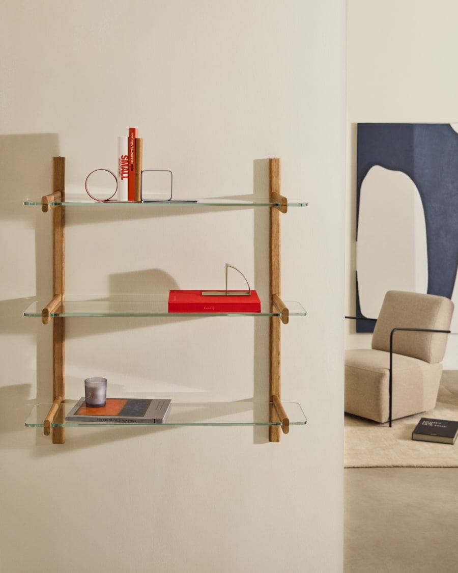 Étagère modulable Sitra 3 tablettes en verre et bois de chêne 90 cm FSC Mix Credit