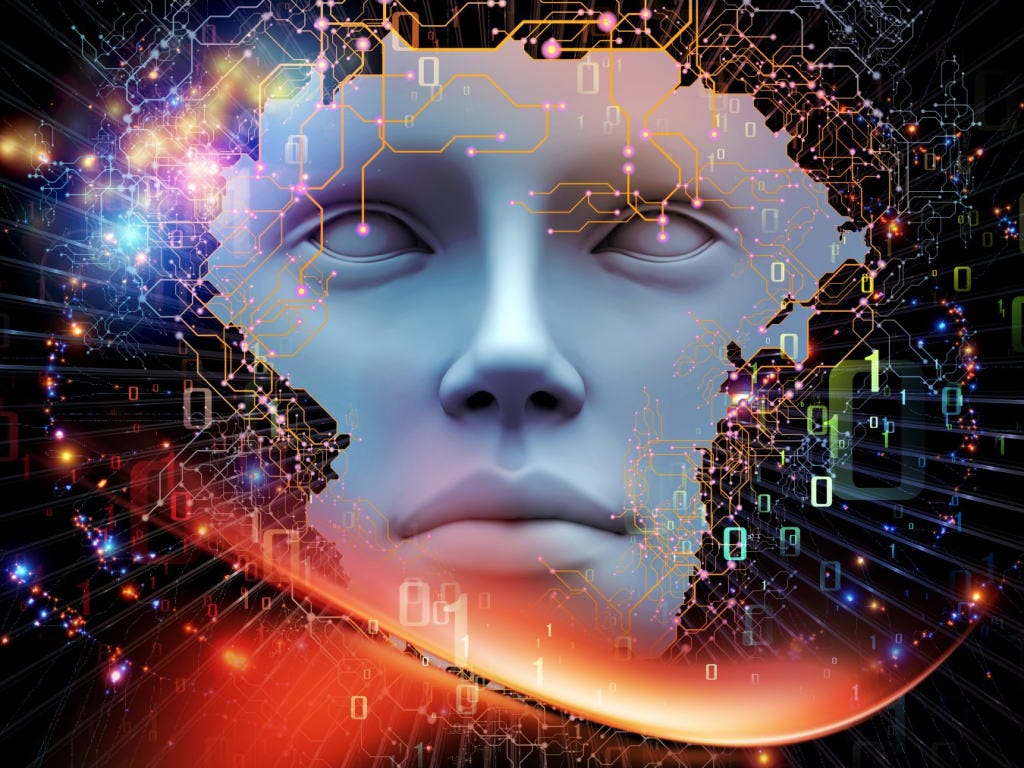 A sculpted face surrounded by a curicuit board and binary numbers
