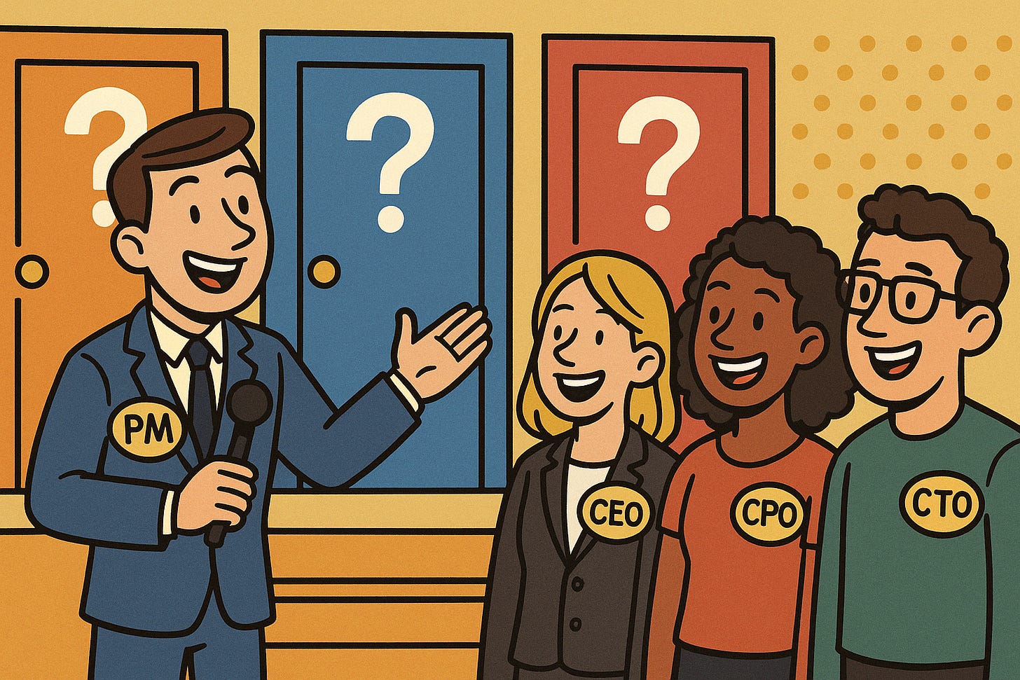 some kind of gameshow where the PM is a host in front of a variety of different doors with question marks on them - the contestants are the CEO, CPO and CTO.