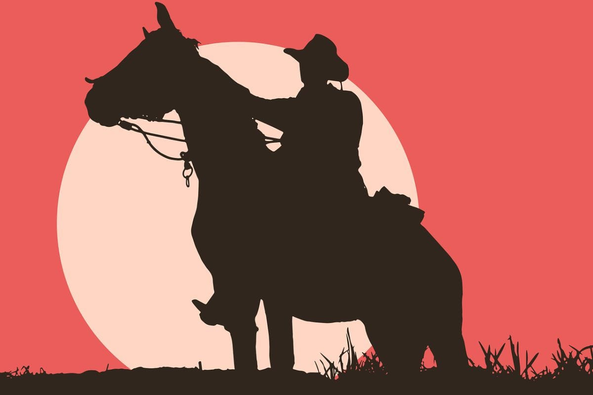 Drawing of a man with a cowboy hat on a horse, the full sun in the background. Drawing of a man with a cowboy hat on a horse, the full sun in the background.