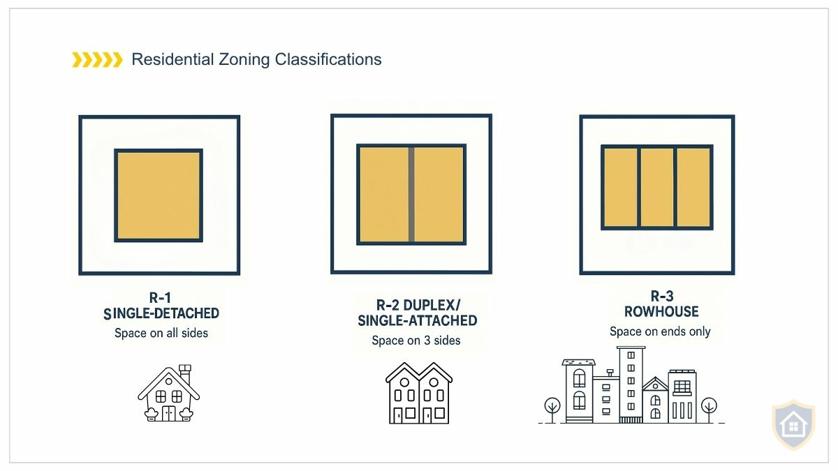 Diagram comparing three residential zoning types: R-1 single-detached house with space on all sides, R-2 duplex sharing one wall with space on three sides, R-3 rowhouse with shared walls and space on ends only