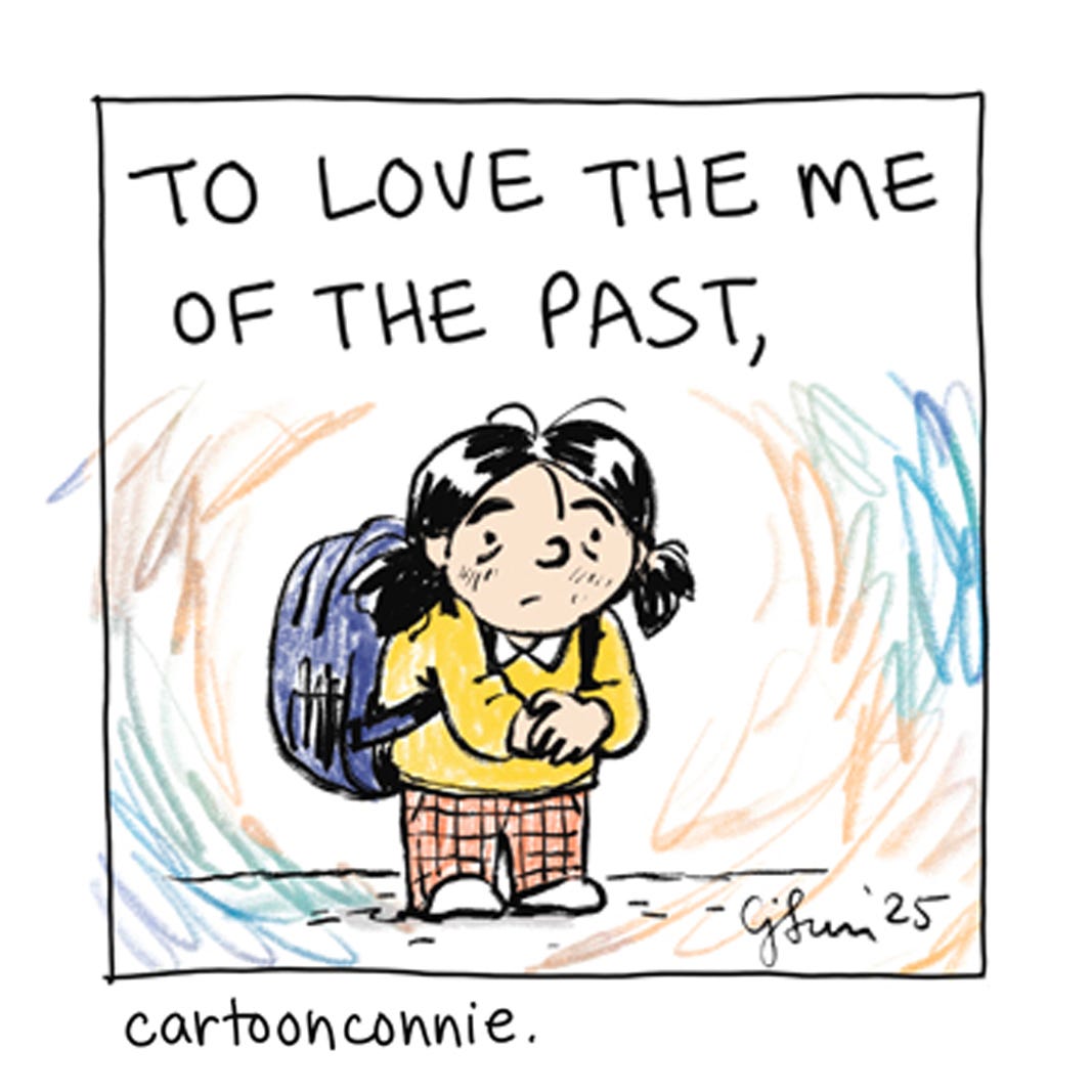 Panel 3 of a 6-panel comic strip about loving your past, present, and future selves. Each panel is a colorful cartoon portrait of the artist at different life stages, ending with an imagined future self as a little old lady in a futuristic setting. Titled "The Best Gift You Can Give Yourself." Original artwork by Connie Sun, cartoonconnie, 2025. Panel 3 of a 6-panel comic strip about loving your past, present, and future selves. Each panel is a colorful cartoon portrait of the artist at different life stages, ending with an imagined future self as a little old lady in a futuristic setting. Titled "The Best Gift You Can Give Yourself." Original artwork by Connie Sun, cartoonconnie, 2025.