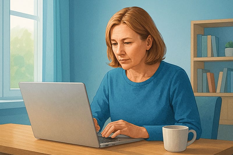 Ilustración digital realista en formato horizontal que muestra a una mujer senior concentrada trabajando en su portátil en un escritorio de madera, dentro de un entorno doméstico luminoso con tonos azules y naturales, que refleja calma, disciplina y enfoque para ser constante y emprender online con equilibrio y claridad.