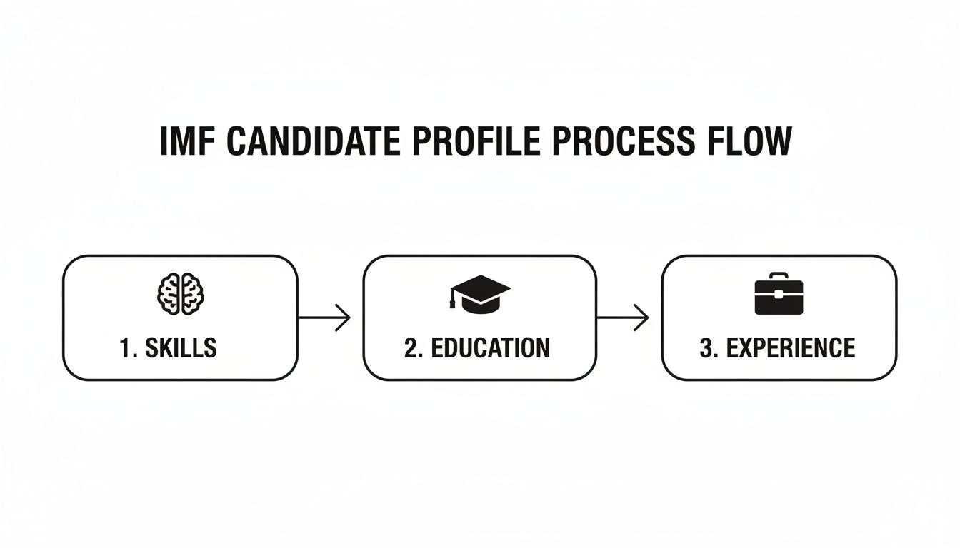 A three-step process flow for IMF candidate profiles: skills, education, and experience, with icons.