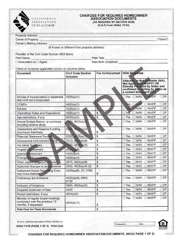 Form HOA-RS, Homeowner Association Request For Required Statutory Docu -  Realty Supply Center