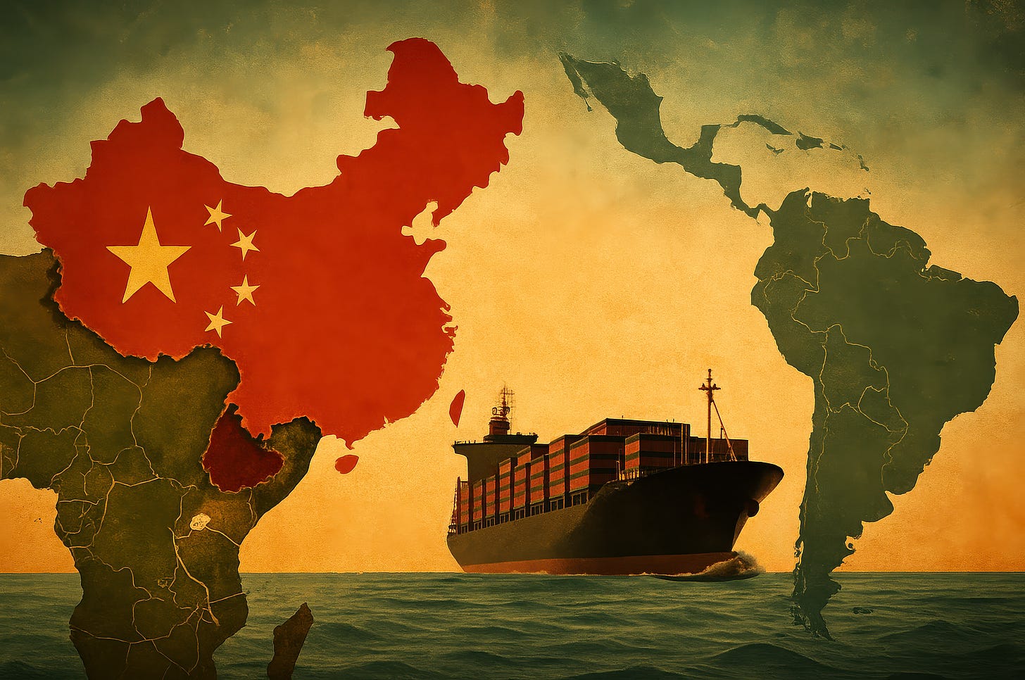 Map of Africa, China, and Latin America with a container ship, symbolizing China's strategy from Ethiopia to the Andes. Map of Africa, China, and Latin America with a container ship, symbolizing China's strategy from Ethiopia to the Andes.